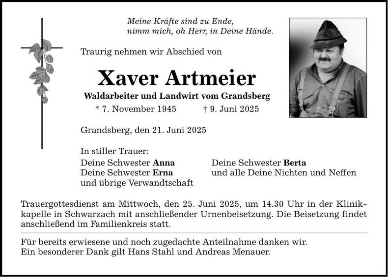 Traueranzeige Xaver Artmeier