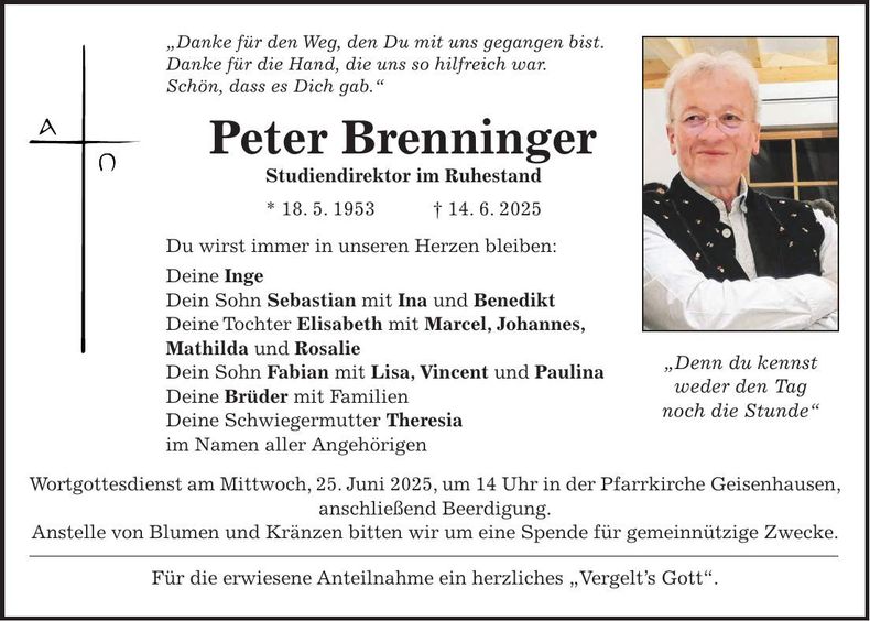 Traueranzeige Peter Brenninger
