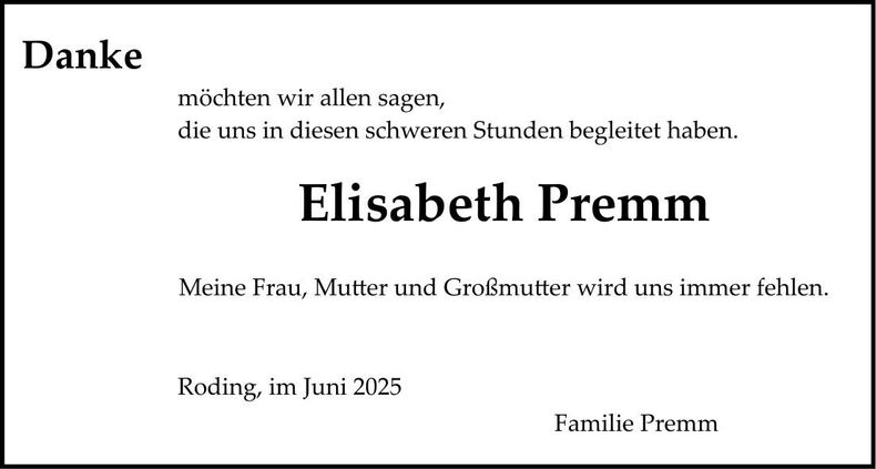 Traueranzeige Elisabeth Premm