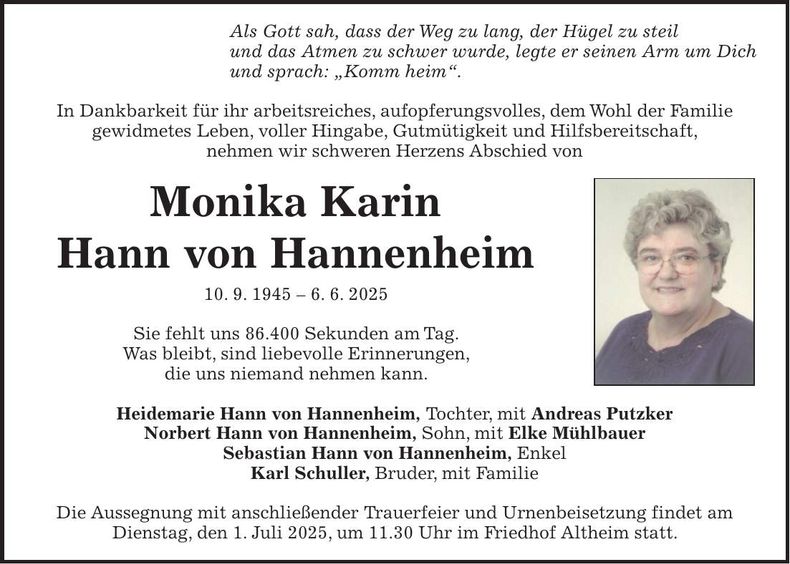 Traueranzeige Monika Karin Hann von Hannenheim