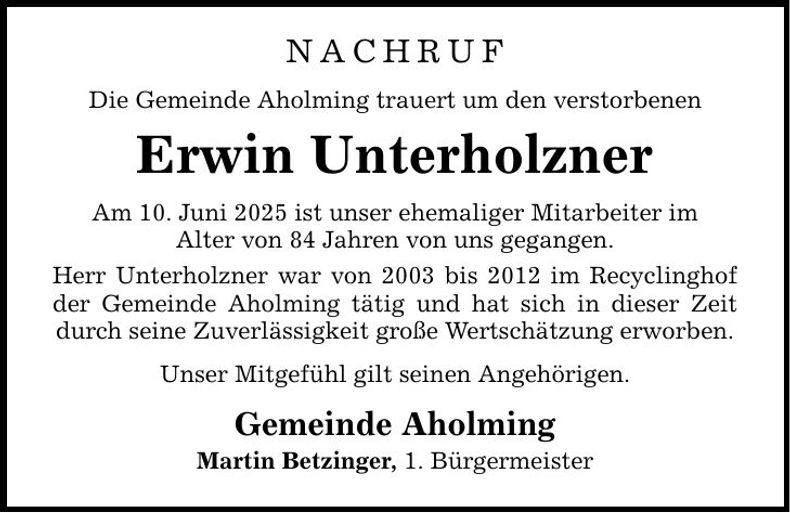 Traueranzeige Erwin Unterholzner