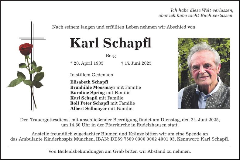 Traueranzeige Karl Schapfl