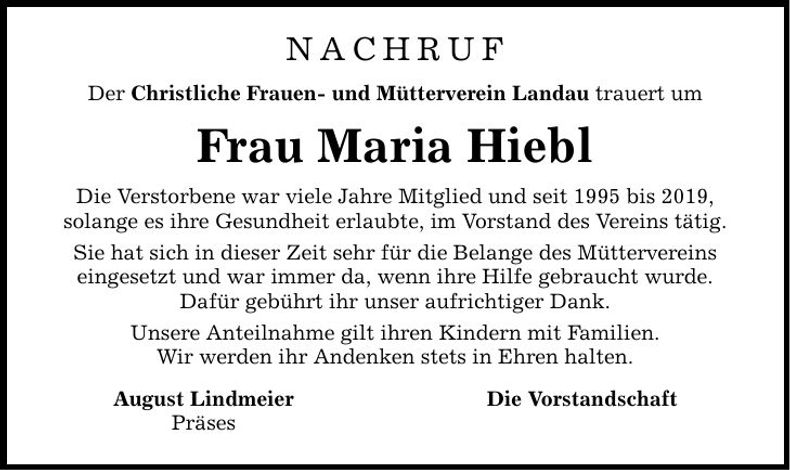 Traueranzeige Maria Hiebl