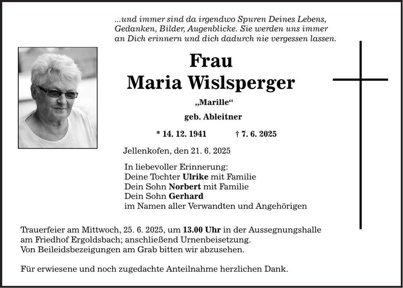 Traueranzeige Maria Wislsperger