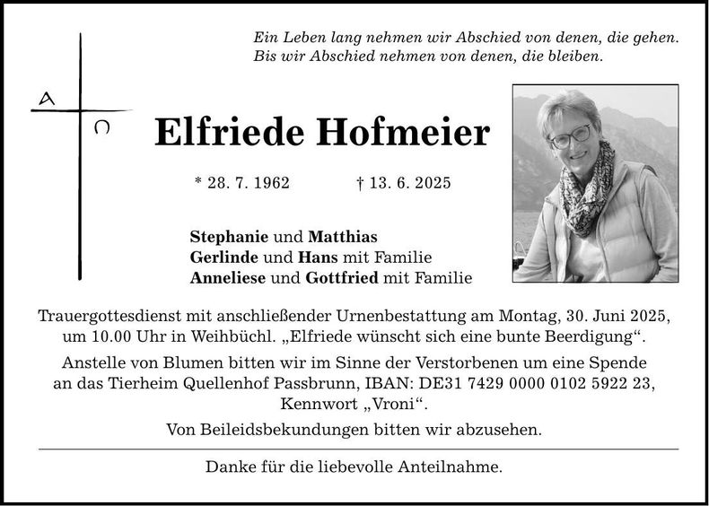 Traueranzeige Elfriede Hofmeier