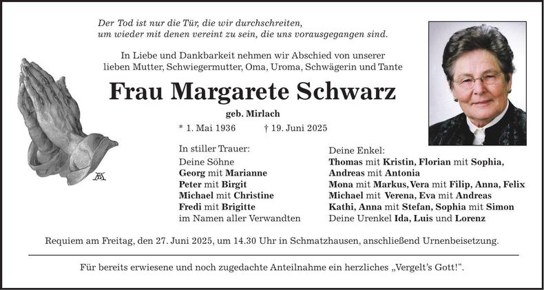 Traueranzeige Margarete Schwarz