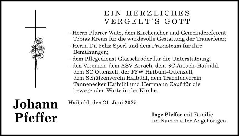 Traueranzeige Johann Pfeffer