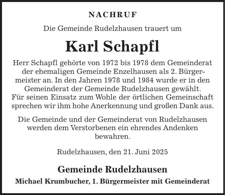 Traueranzeige Karl Schapfl