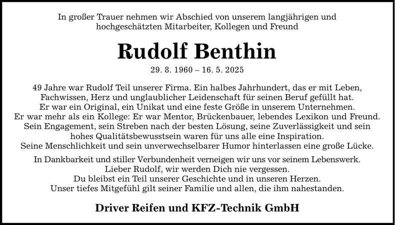 Traueranzeige Rudolf Benthin