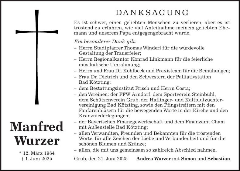 Traueranzeige Manfred Wurzer