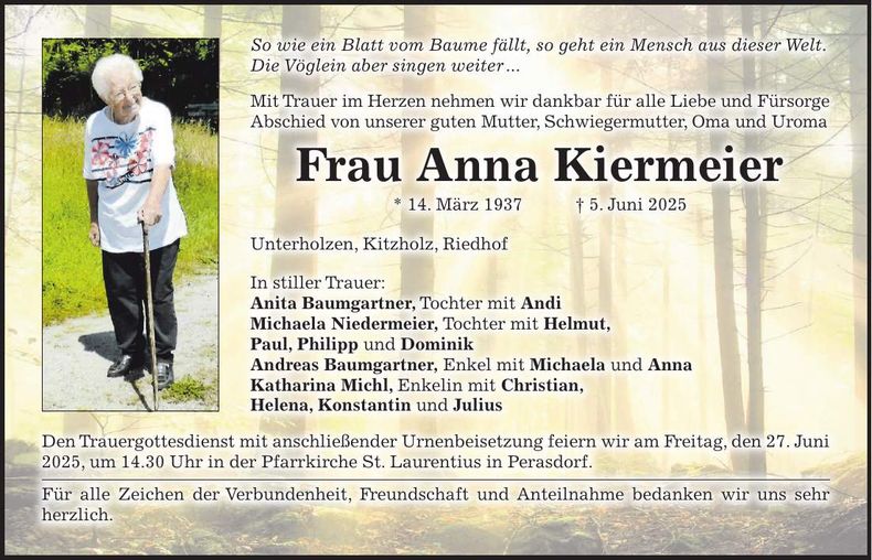 Traueranzeige Anna Kiermeier