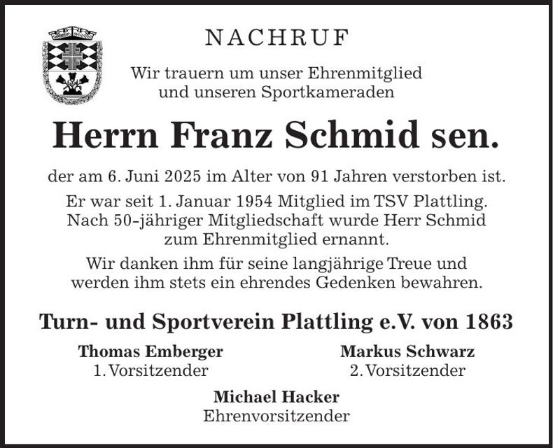 Traueranzeige Franz Schmid