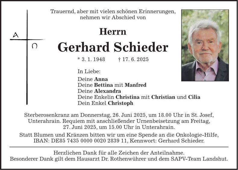 Traueranzeige Gerhard Schieder