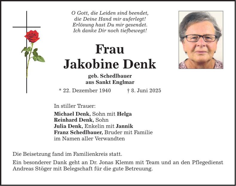 Traueranzeige Jakobine Denk