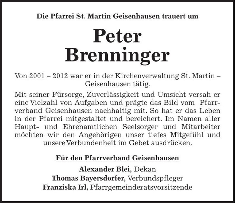 Traueranzeige Peter Brenninger