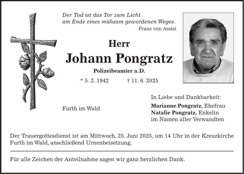 Traueranzeige Johann Pongratz