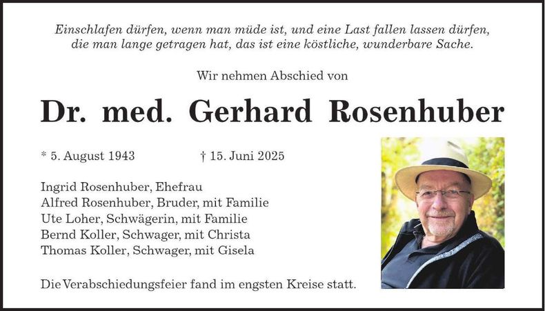 Traueranzeige Gerhard Rosenhuber