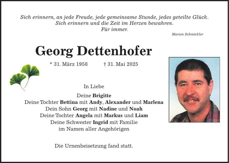 Traueranzeige Georg Dettenhofer