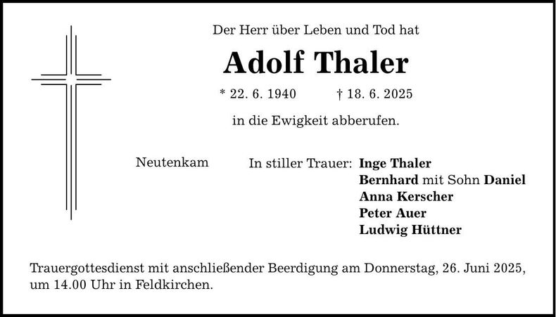 Traueranzeige Adolf Thaler