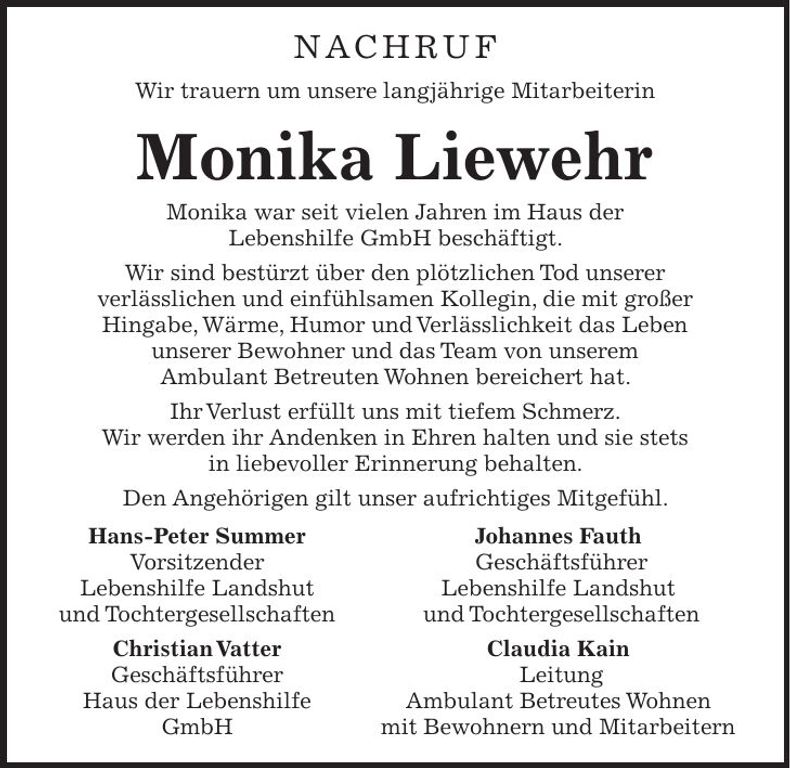 Traueranzeige Monika Liewehr