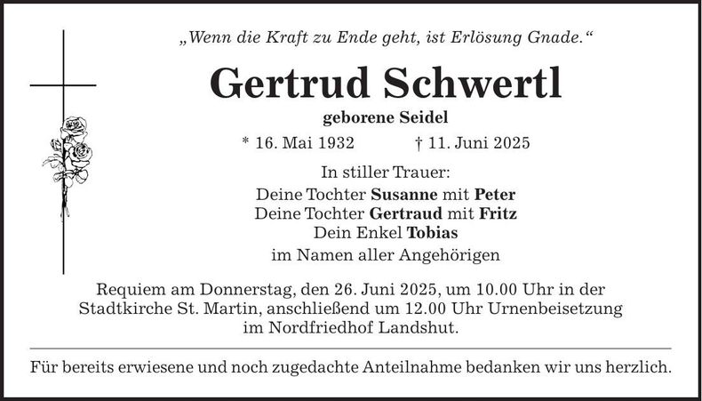 Traueranzeige Gertrud Schwertl