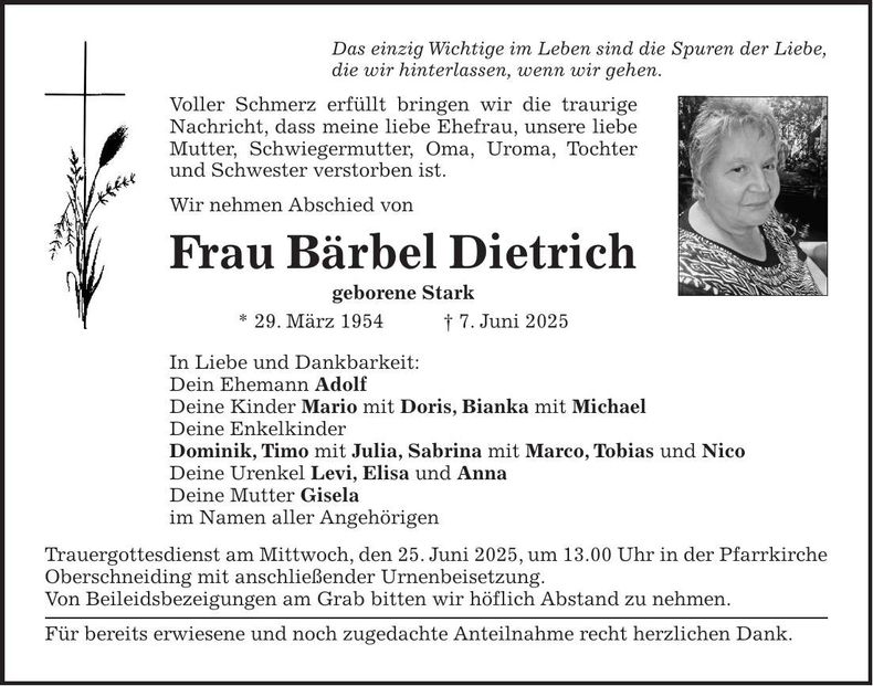 Traueranzeige Bärbel Dietrich