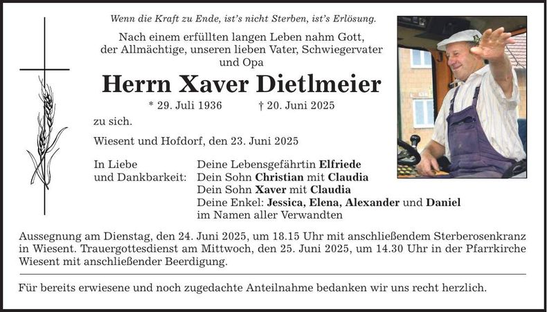 Traueranzeige Xaver Dietlmeier