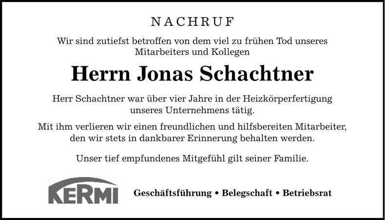 Traueranzeige Jonas Schachtner