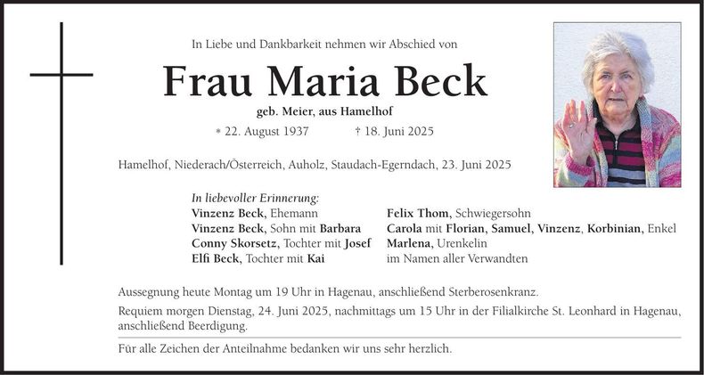 Traueranzeige Maria Beck