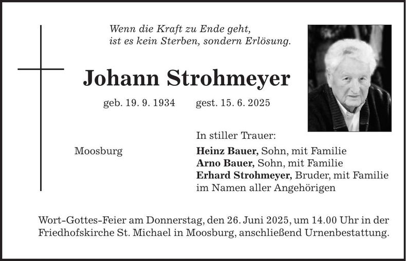 Traueranzeige Johann Strohmeyer