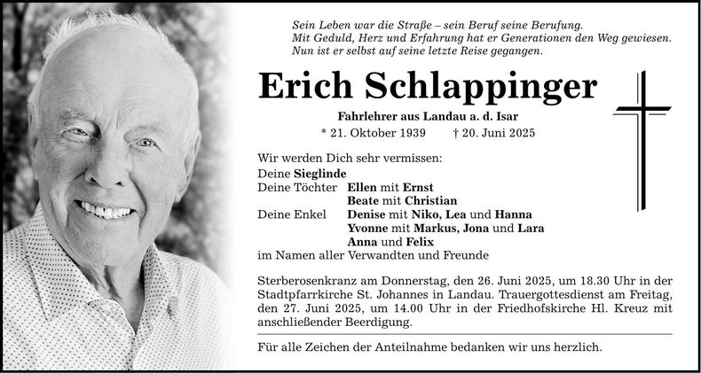 Traueranzeige Erich Schlappinger