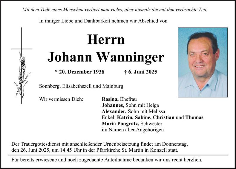 Traueranzeige Johann Wanninger