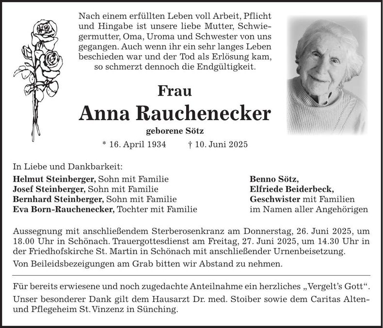 Traueranzeige Anna Rauchenecker