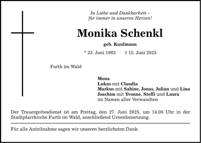 Traueranzeige Monika Schenkl
