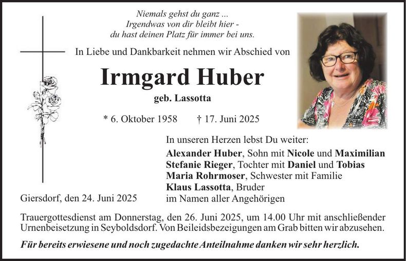 Traueranzeige Irmgard Huber