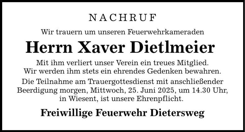 Traueranzeige Xaver Dietlmeier