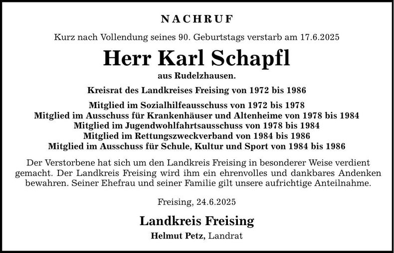 Traueranzeige Karl Schapfl