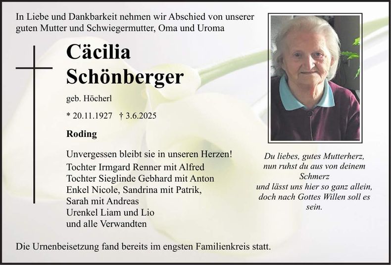 Traueranzeige Cäcilia Schönberger
