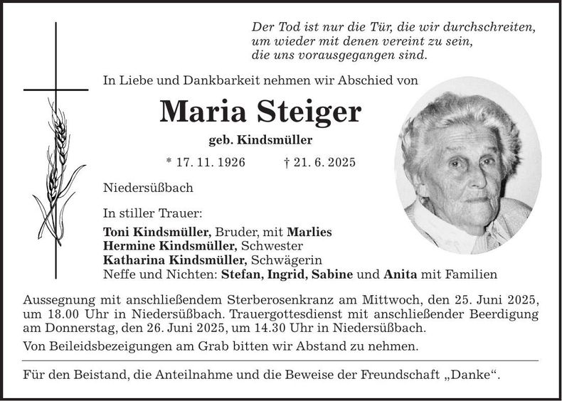 Traueranzeige Maria Steiger