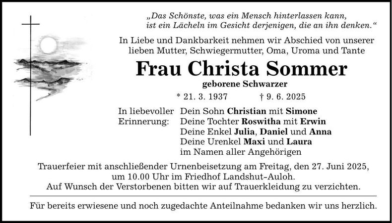 Traueranzeige Christa Sommer