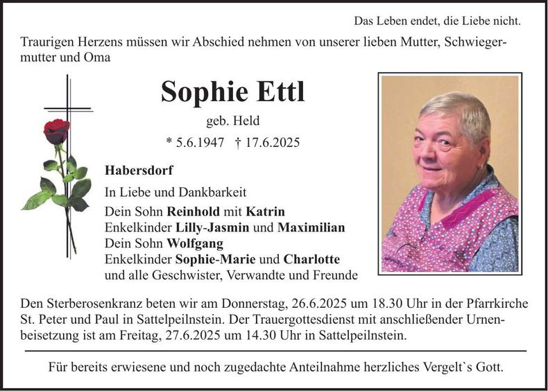Traueranzeige Sophie Ettl