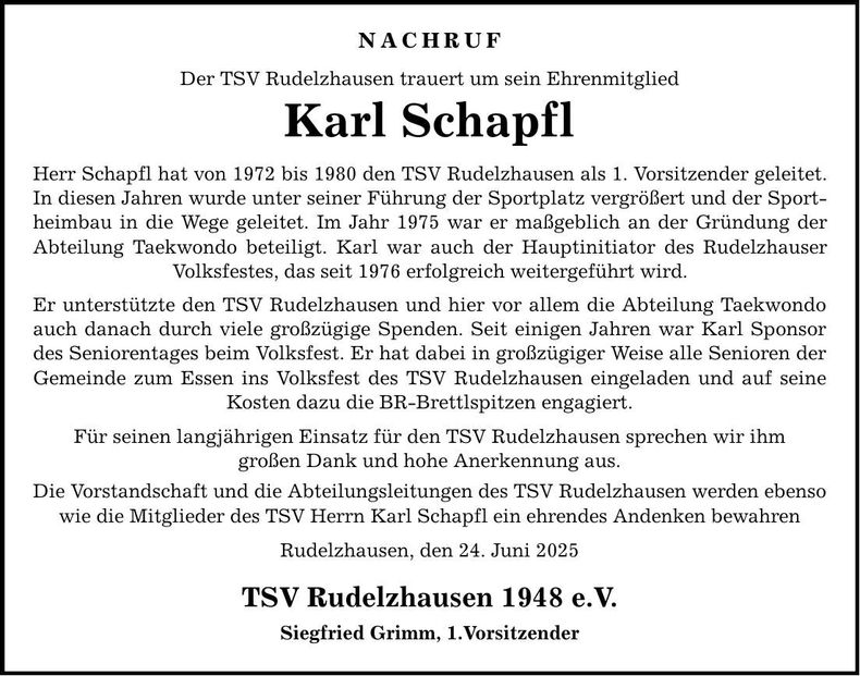 Traueranzeige Karl Schapfl