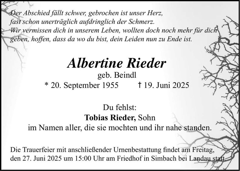 Traueranzeige Albertine Rieder