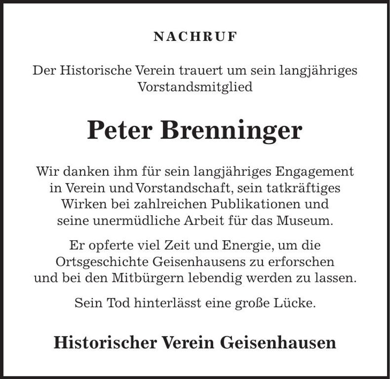 Traueranzeige Peter Brenninger