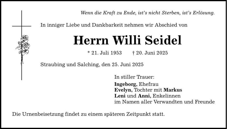 Traueranzeige Willi Seidel