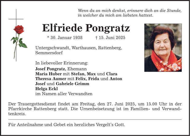 Traueranzeige Elfriede Pongratz