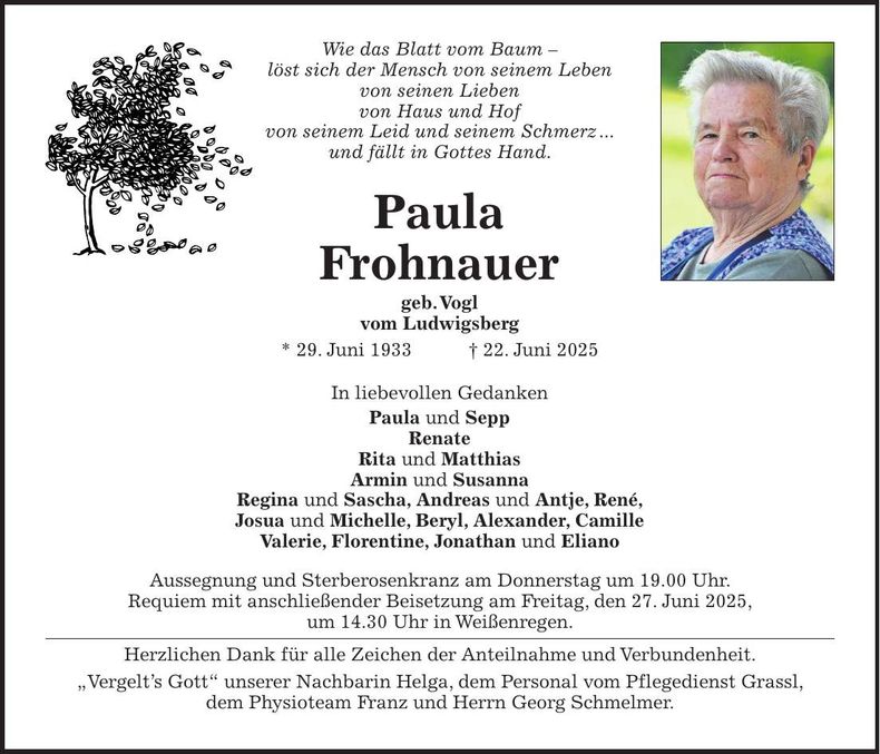 Traueranzeige Paula Frohnauer