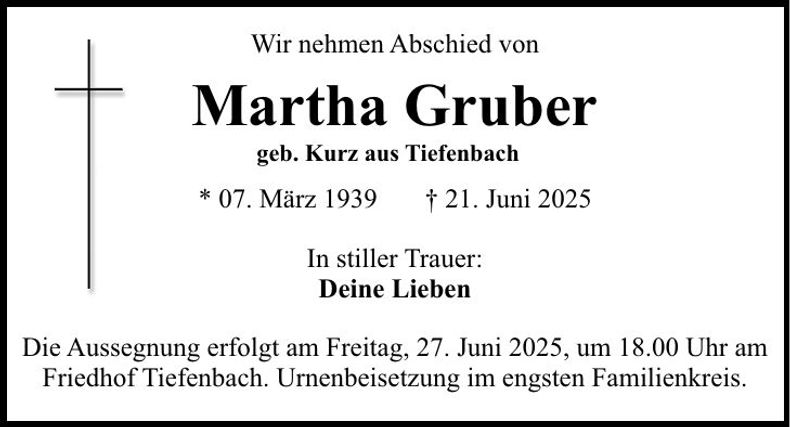 Traueranzeige Martha Gruber