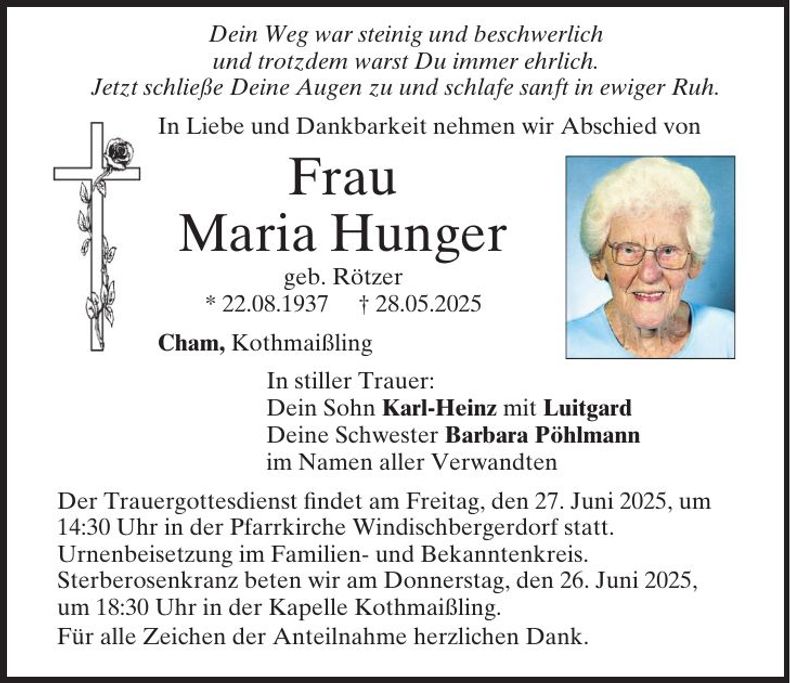 Traueranzeige Maria Hunger