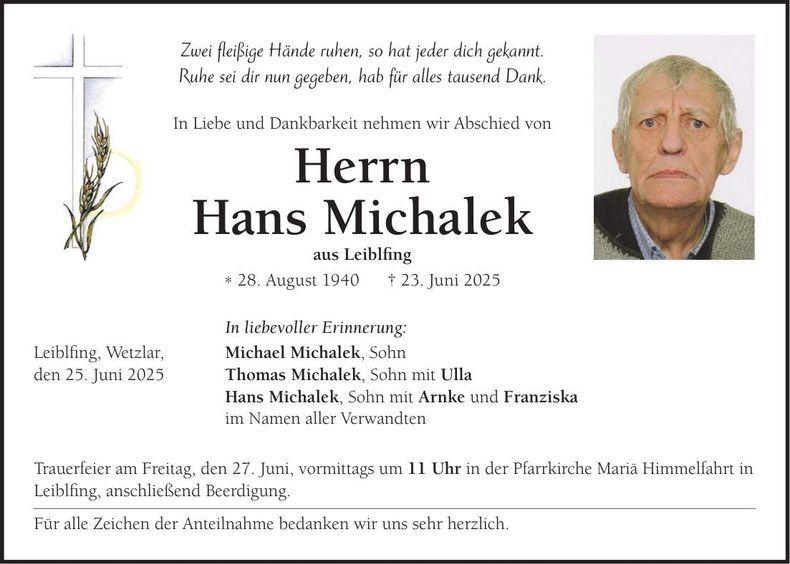 Traueranzeige Hans Michalek